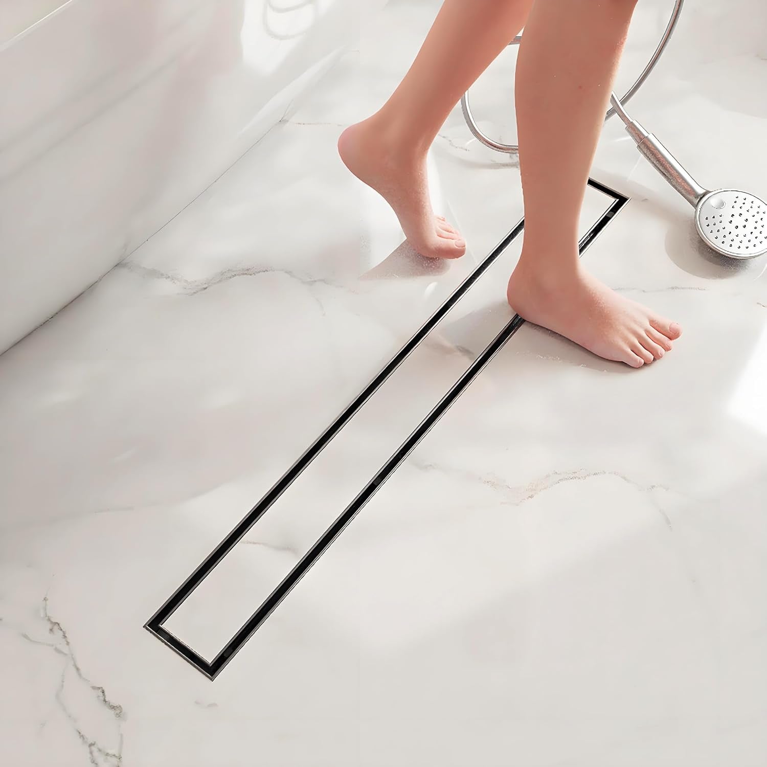 28-Inch Linear Shower Drain- with 2-In-1 Flat & Tile Insert Cover, Brushed 304 Stainless Steel Rectangle Shower Floor Drain,Floor Shower Drain with Adjustable Leveling Feet, Hair Strainer