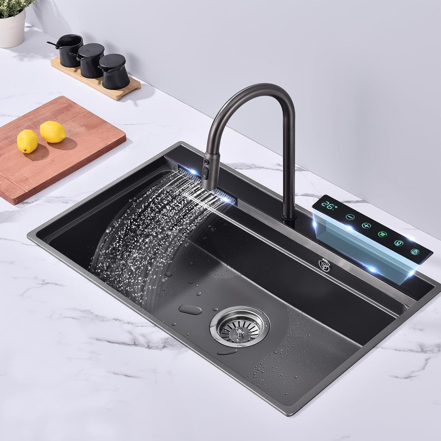 32 * 20 in Black Smart Waterfall Kitchen Sink with LED Digital Display and Touch Screen Operation, Intelligent Temperature Control and Pull-Out Faucet, for Kitchen